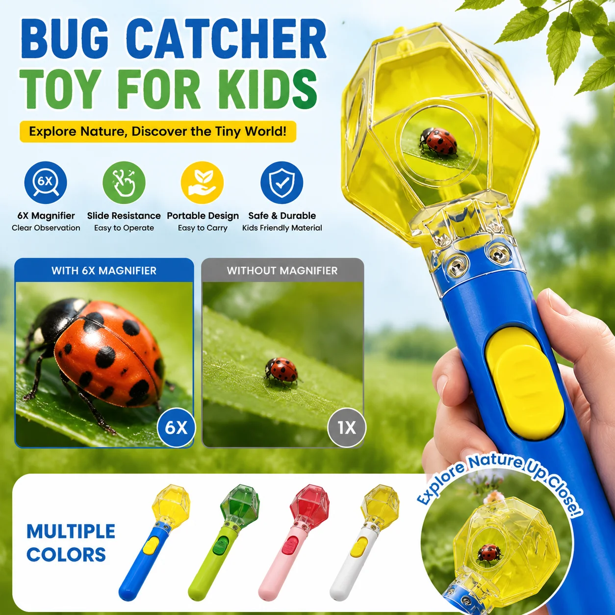 Bug Catcher With 6X Magnifier for Kids Outdoor Nature Learning Exploration Educational Toy Handheld Insect Trap & Viewer