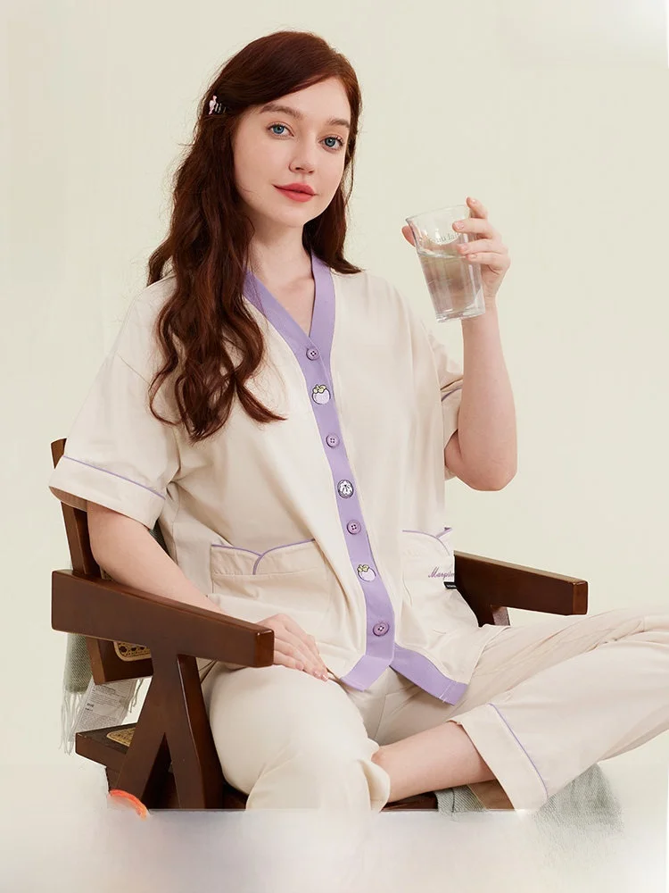 darlly-women's-summer-sleepwear-pure-cotton-v-neck-short-sleeve-casual-home-clothes-set-comfortable-knitted-cotton-nightgown