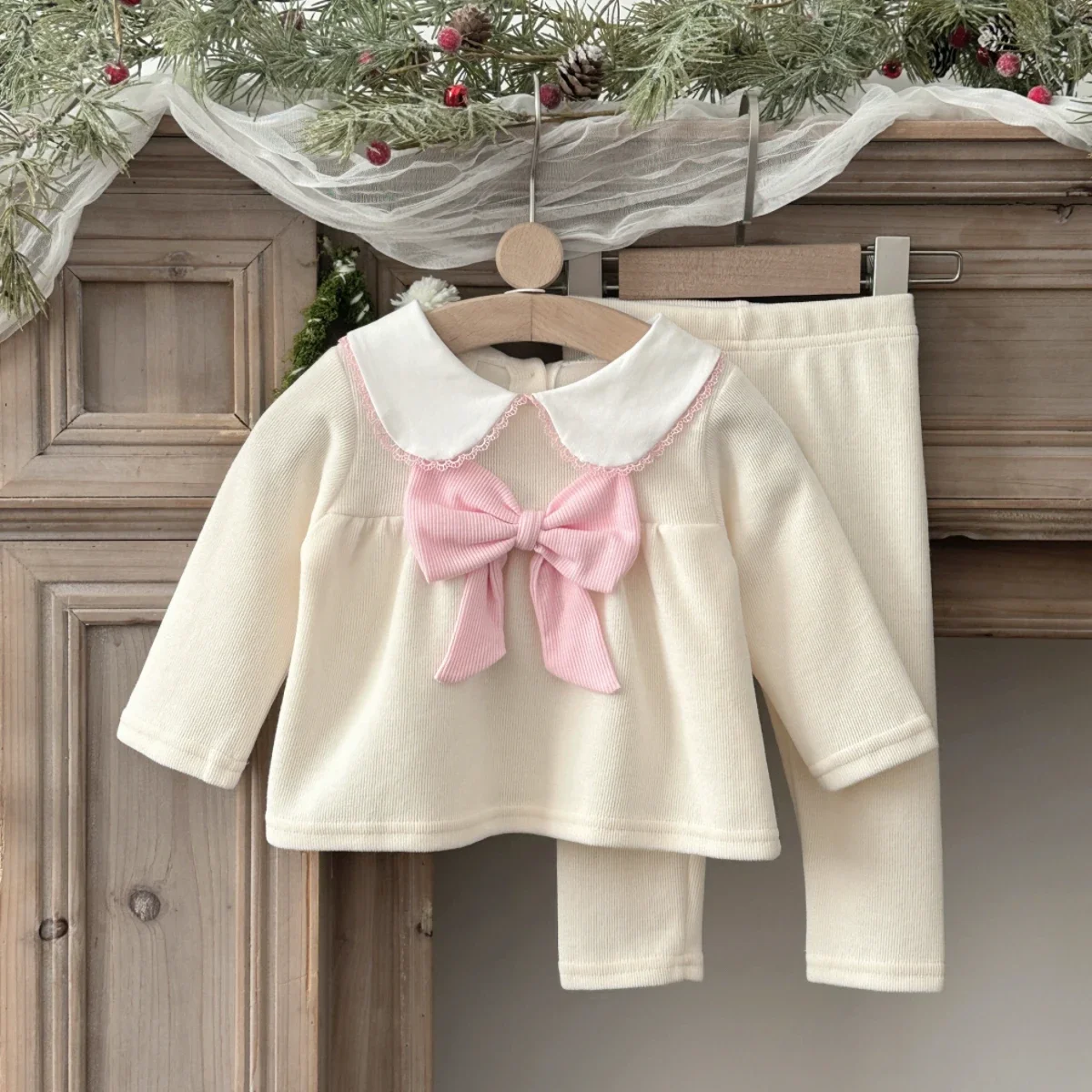 Baby-Kleidungssets Herbst Baumwolle Süß 2-teilig Baby-Mädchen-Kleidung Einfarbig Schleifenkragen Rock Hosen Outfit