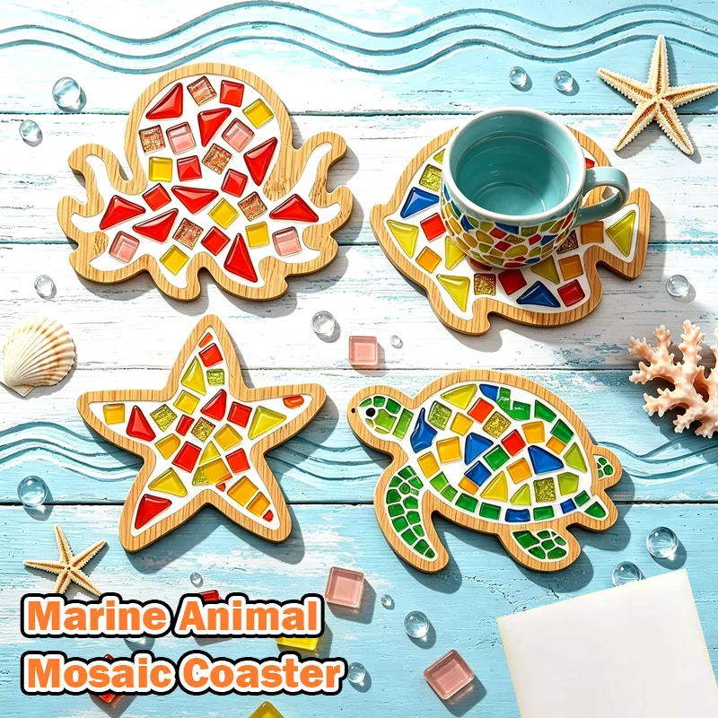 Handmade DIY Mosaic Cup Mat Bottom Bamboo Pad Marine Animal Coasters Ornaments DIY Handicraft Party Decor Toys for Adults Gifts