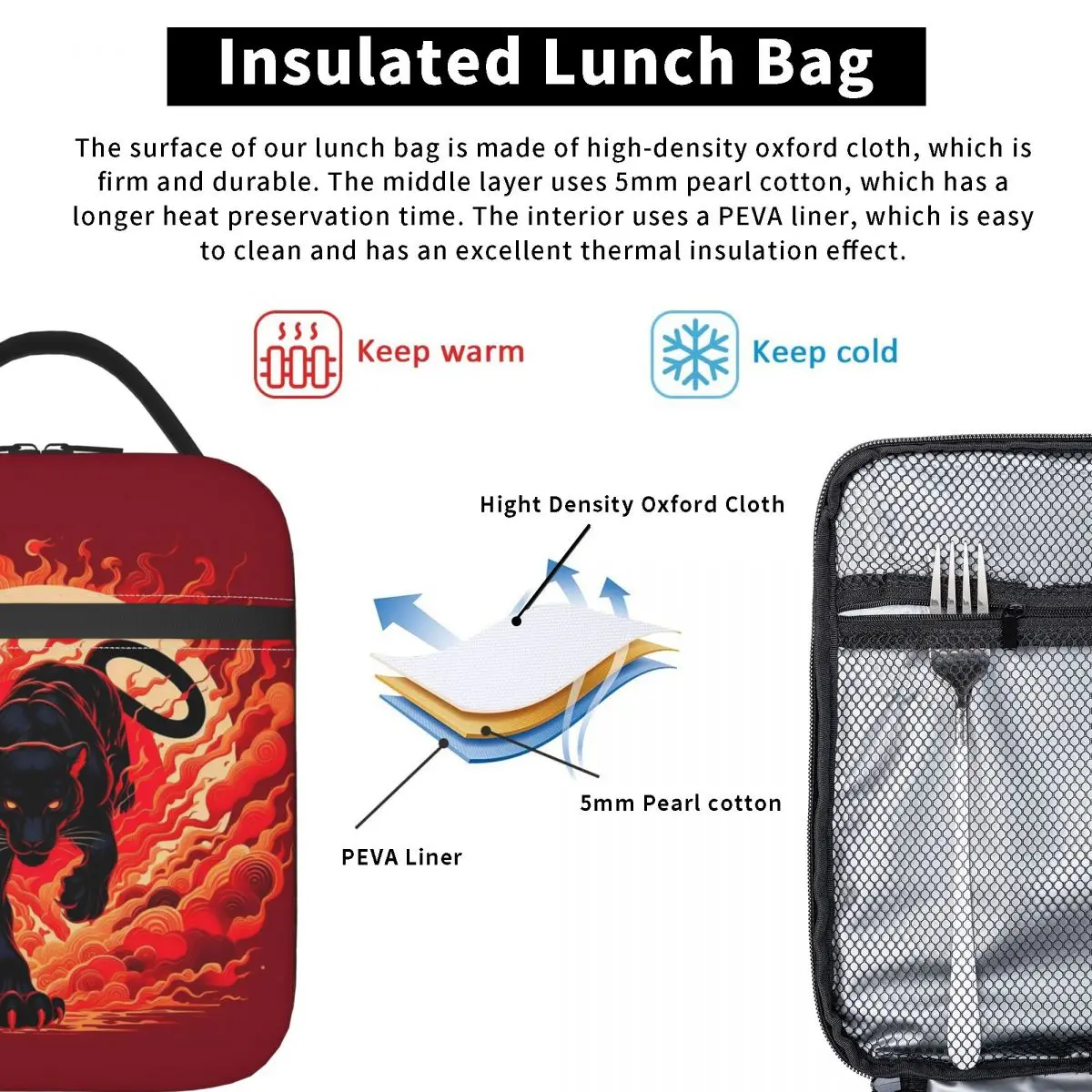 Black Panther Leopard Walking From Flame Insulated Lunch Bag for Women Children Portable Food Boxes Thermal Lunch Box Tote