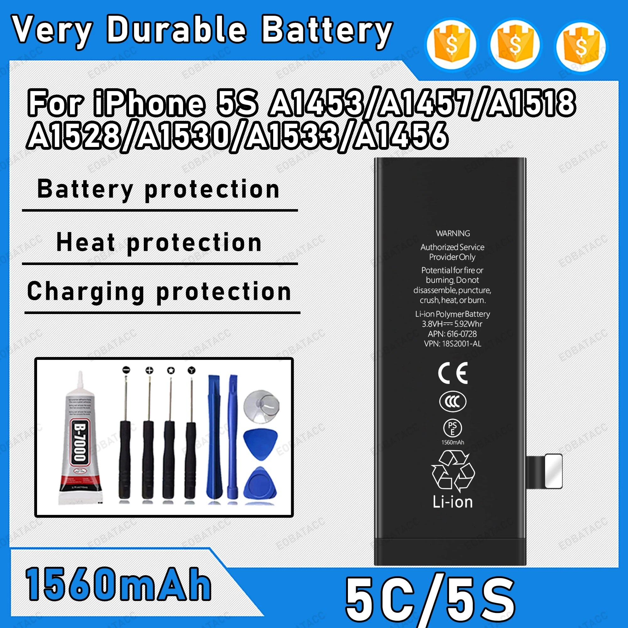 

100% 0 Cycle High Capacity Battery For iPhone 5S A1453/A1457/A1518 Phone Bateria + Free Tool Kit
