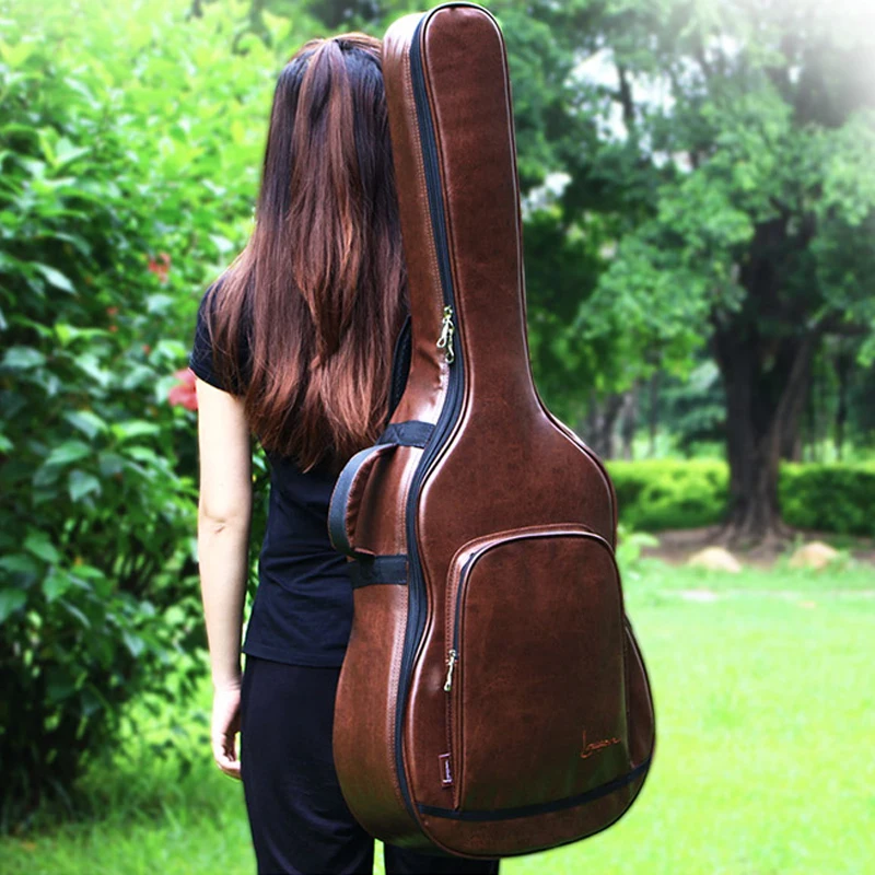 40/41 Inch Pu Brown Guitar Acoustic Folk Guitar Gig Bag Cover With Shoulder Straps Waterproof Guitar Bag Backpack