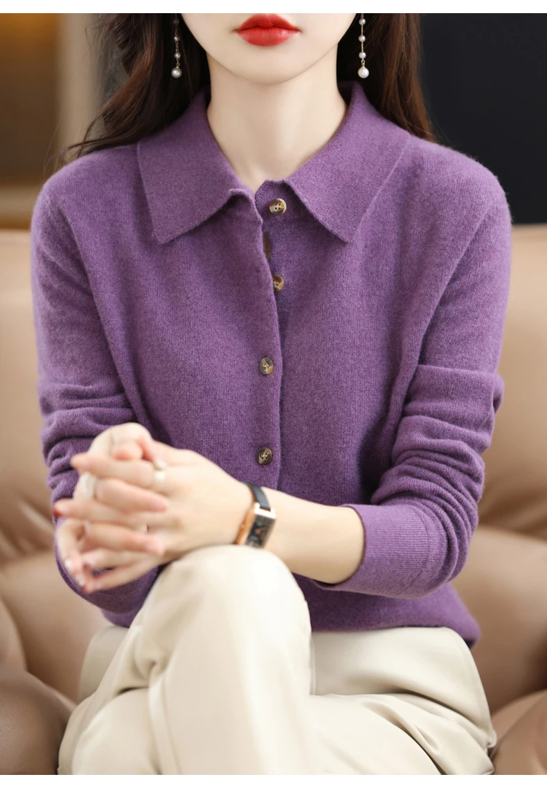 2024 Damen-Strickjacke mit POLO-Kragen, Basic, vielseitig, oben aus gesponnener Wolle, eleganter einreihiger Pullover DMR 430 – Detail 29