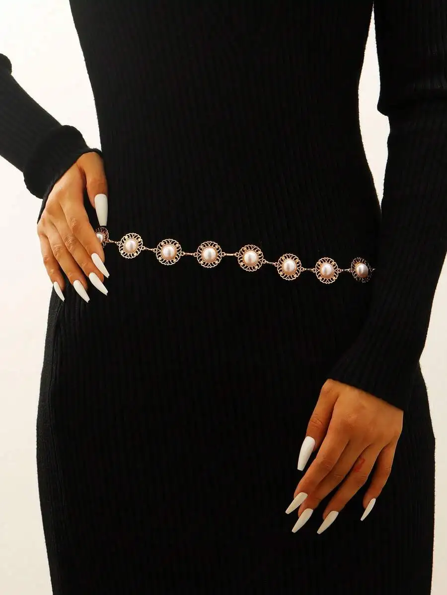 Elegant Pearl-Embellished Hollow Floral Waist Chain Belt For Women, Perfect For Dresses, Weddings, Parties, And Festive