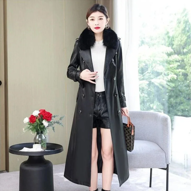 Fashion M-5XL Fox Fur Collar Turn Down Women Long Sleeve Belt Sheepskin Outwear Winter Genuine Leather Trench Coats