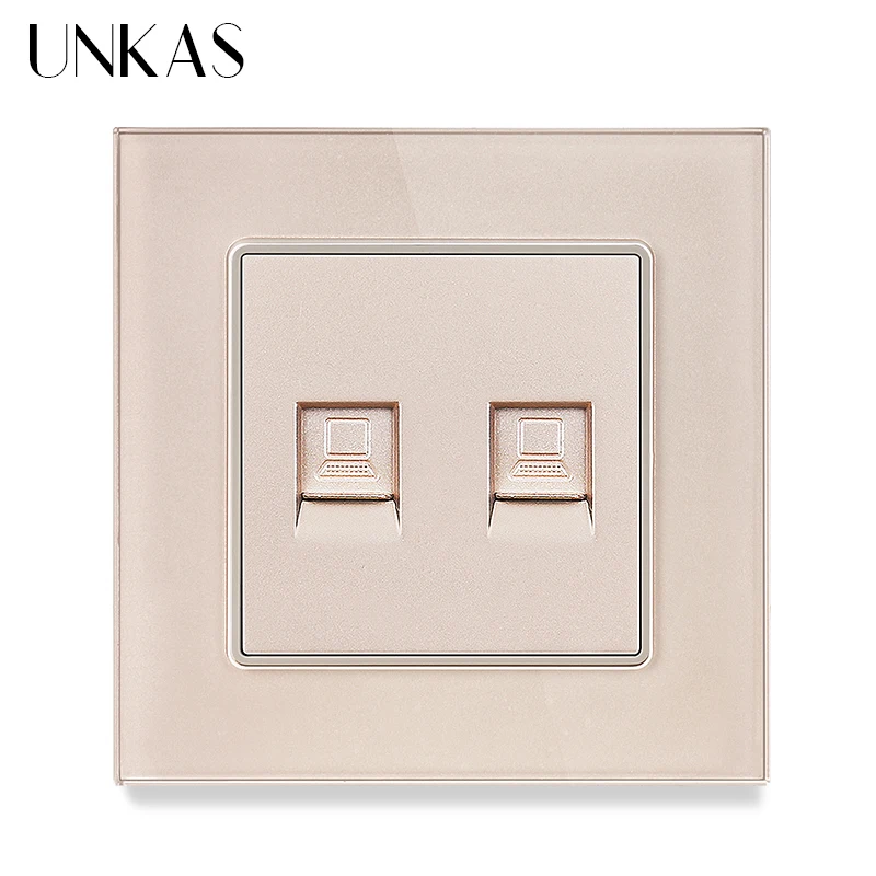 UNKAS Dual RJ11 Telephone Dual RJ45 Computer Dual TV Crystal Glass Panel White Black Gray Gold 86mm Television Weak Outlet