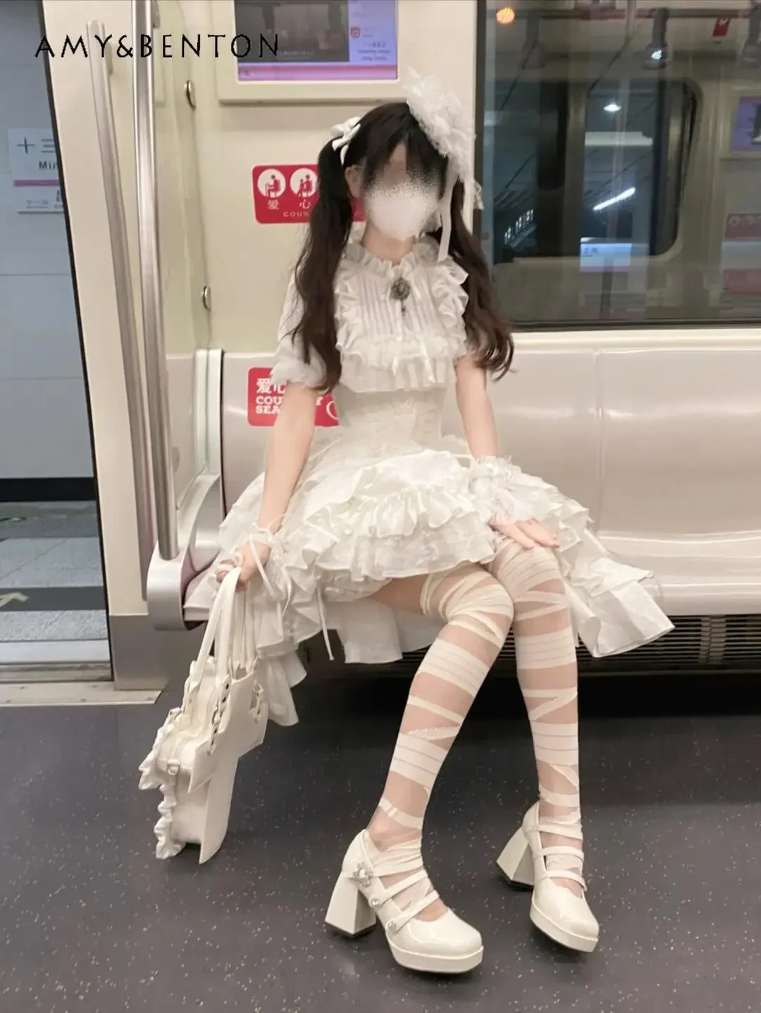 Lolita Subculture Stand Collar Bubble Short-sleeved Lace Shirt High Waist Slim Irregular Multi-layer Tutu Skirt Two-piece Set