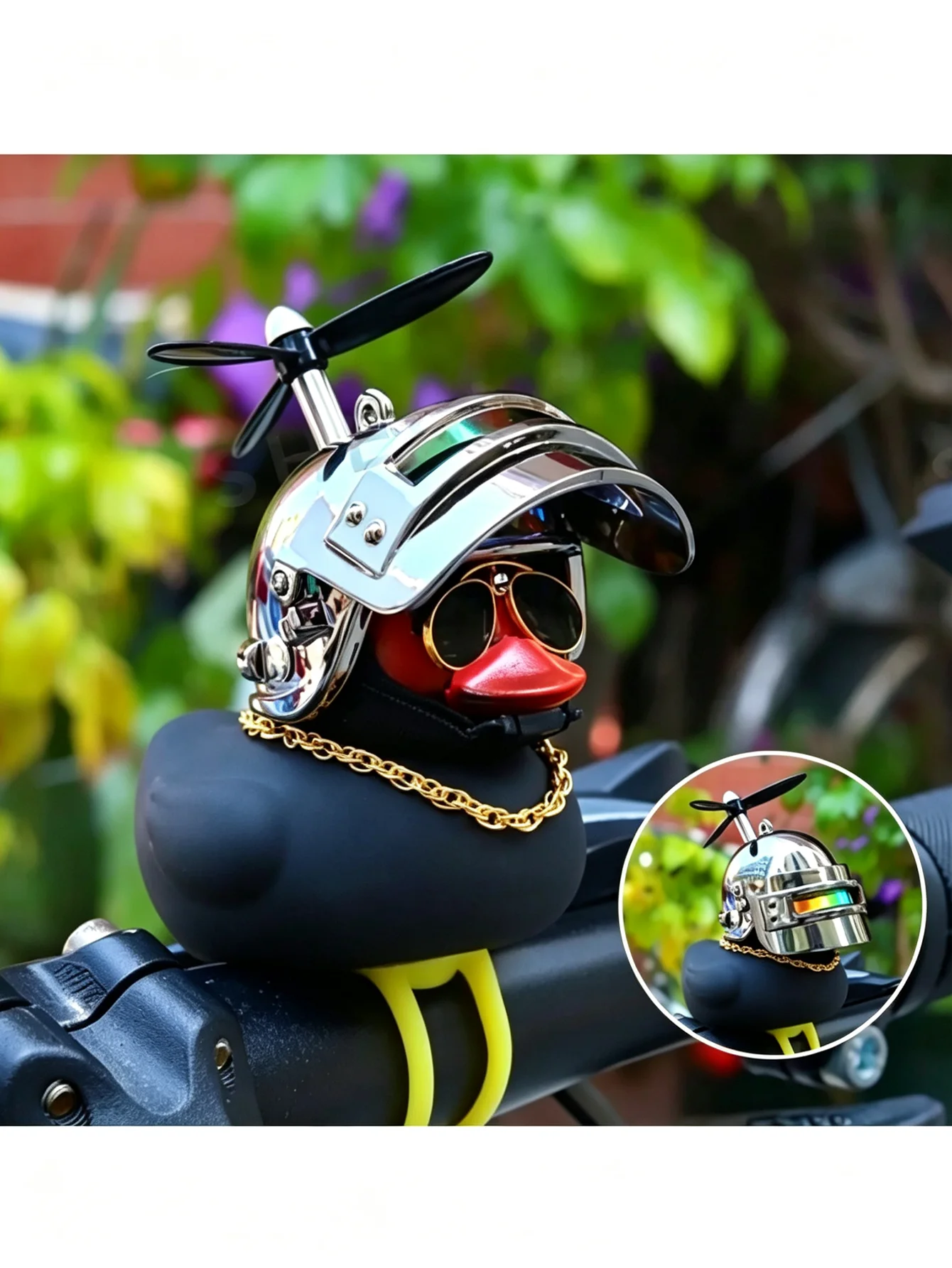 Cute Rubber Duck Bicycle Handlebar Bike Decoration with Propellers Glasses Gold Chain Black Yellow Duck Bicycle Horns with Strap