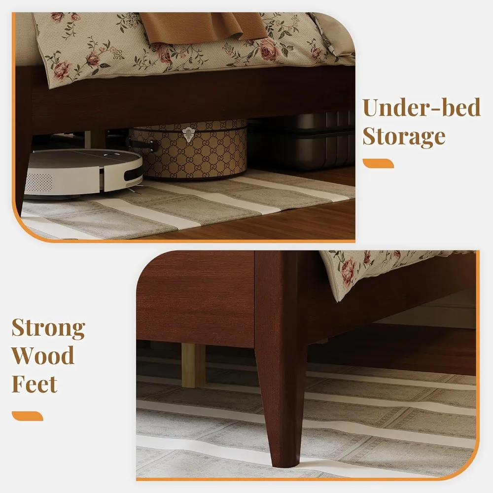 إطار سرير كوين خشبي مع لوح رأسي، سرير بمنصة خشبية صلبة حديثة من منتصف القرن مع أرجل خشبية صلبة ودعم شرائح خشبية، قش #5