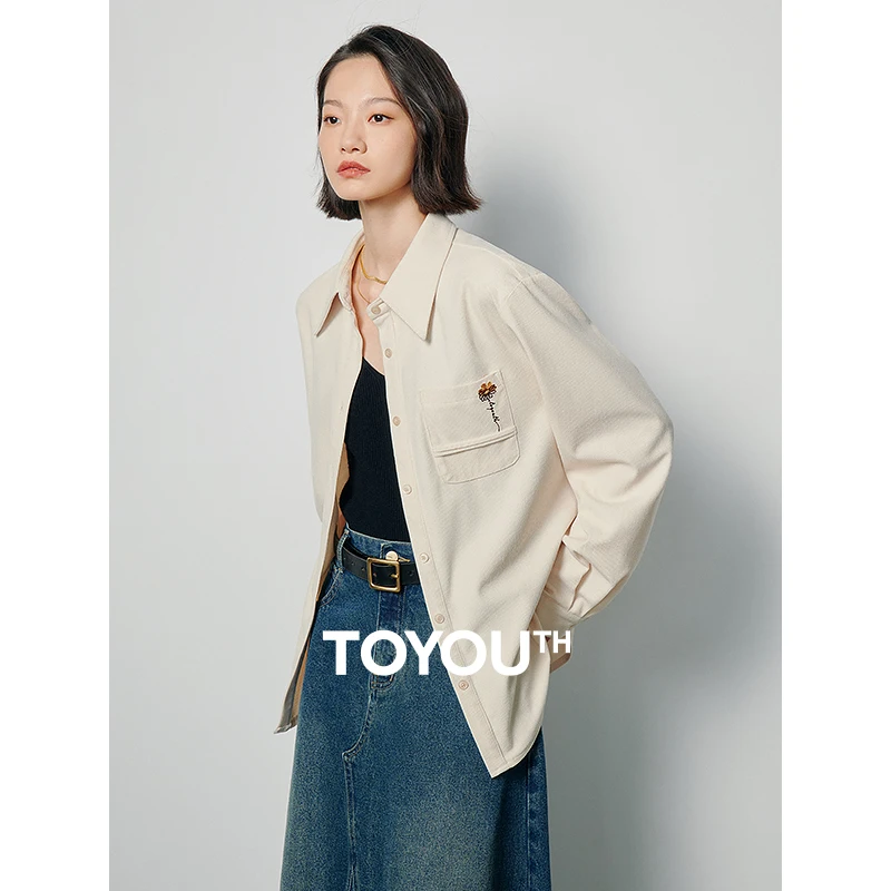 

Toyouth Women Corduroy Shirt 2024 Spring Long Sleeve Pointed Collar Loose Blouse Daisy Embroidery Vintage Khaki Green Tops