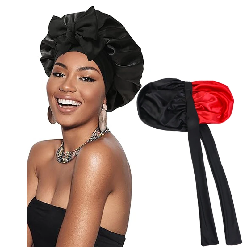 

New Satin Silky Hair Wrap for Women Stretchy Double Layer Bonnet with Tie Band Hair Cap for Curly Hair Bonnets for Sleep