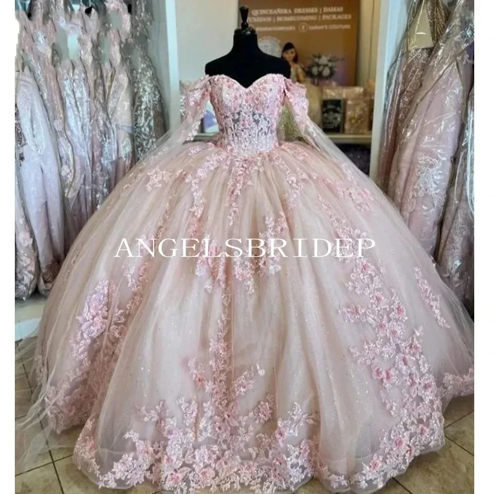 فساتين الأميرة Quinceanera الوردية اللامعة ، ثوب الكرة ، مزين بالخرز الدانتيل ، حفلة عيد ميلاد ، حفلة موسيقية ، 15 عامًا ، فاخرة