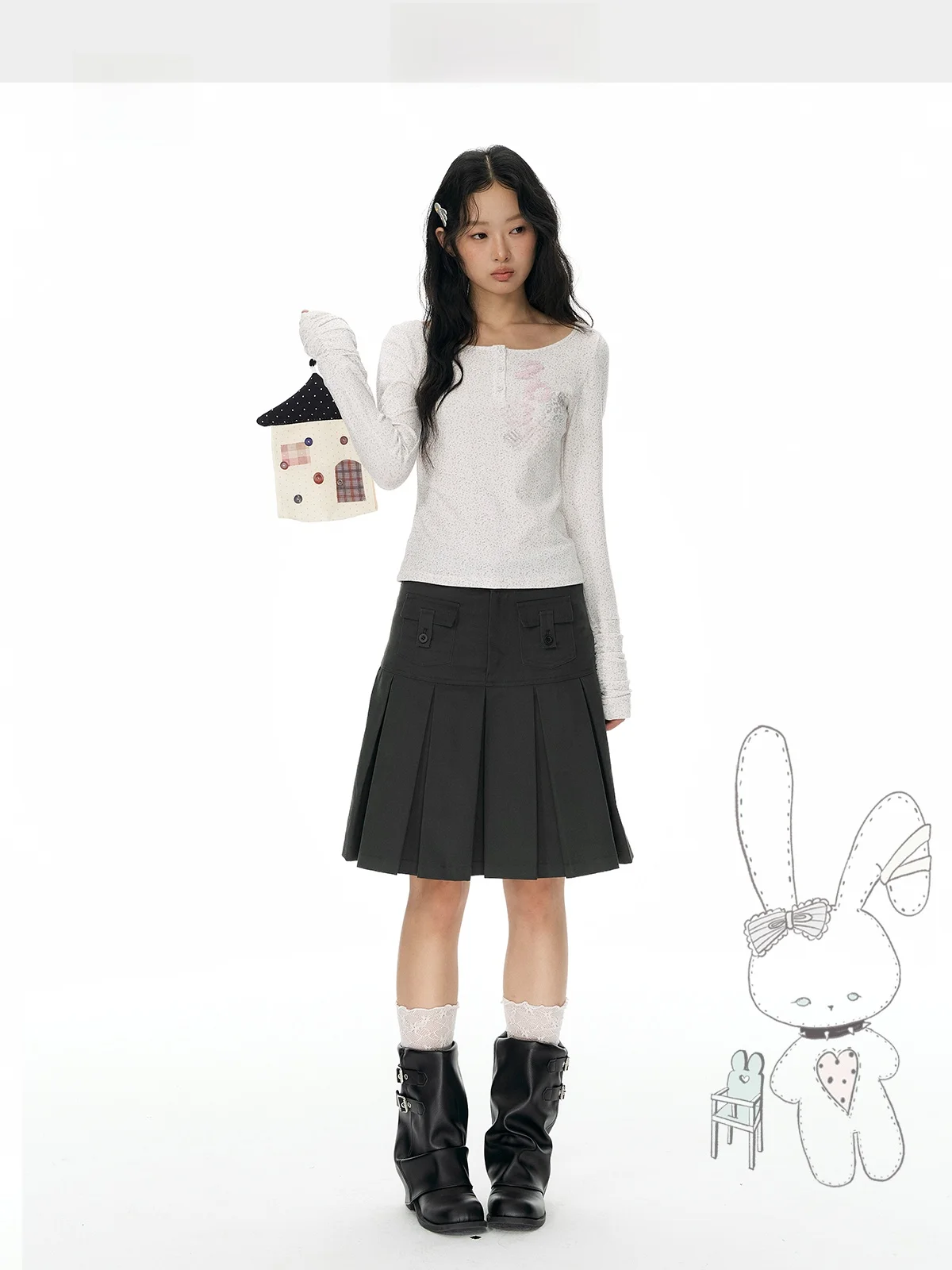 Korean Style Early Autumn Retro Workwear Pocket Slim A-Line Anti-Light Design Half Skirt Pleated  Skirt for Women