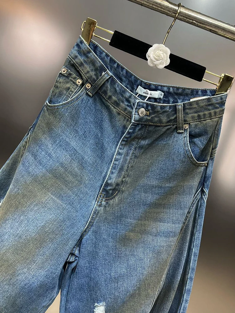 DEAT Vintage Trendy Women\'s Broken Hole Wide Leg Jeans 2024 Spring Fashion New High Waist Button Denim Pants Female 11XX7806