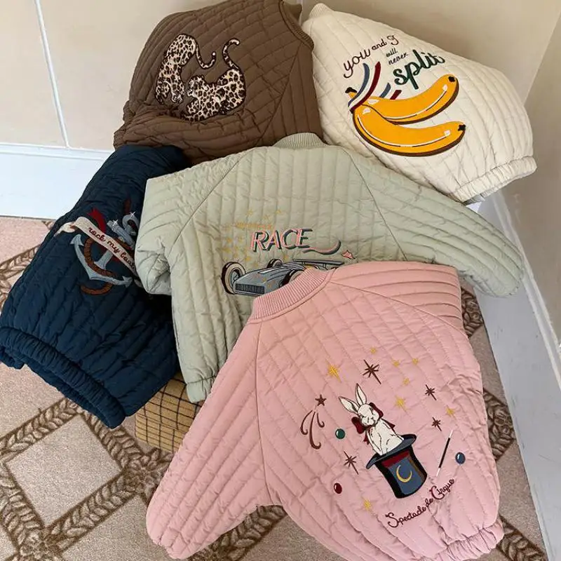 

2025 Winter New Children Long Sleeve Warm Coat Cartoon Embroidery Boys Girls Cotton Padded Jacket Plus Velvet Thick Kids Clothes