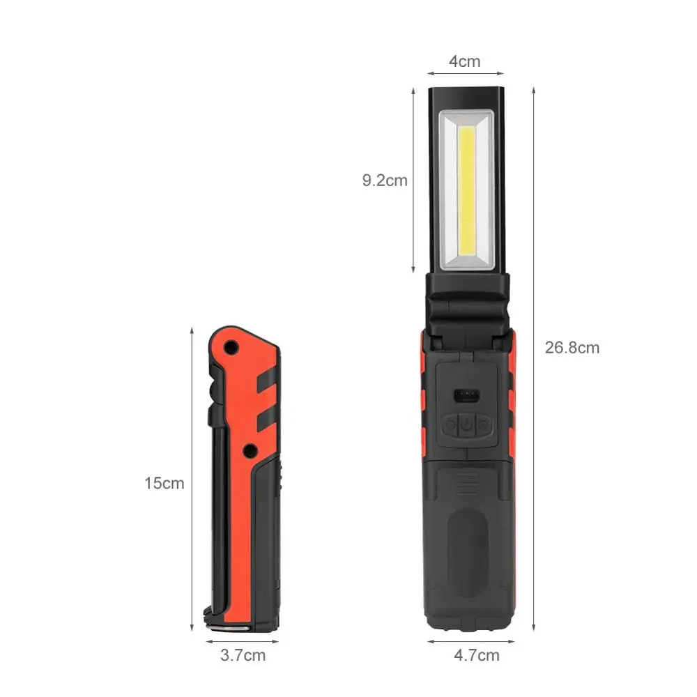 Dimmable COB LED Work Light USB Rechargeable Flashlight Inspection Lamp with Magnetic &Hook Power Bank 2300mAh 18650 Battery