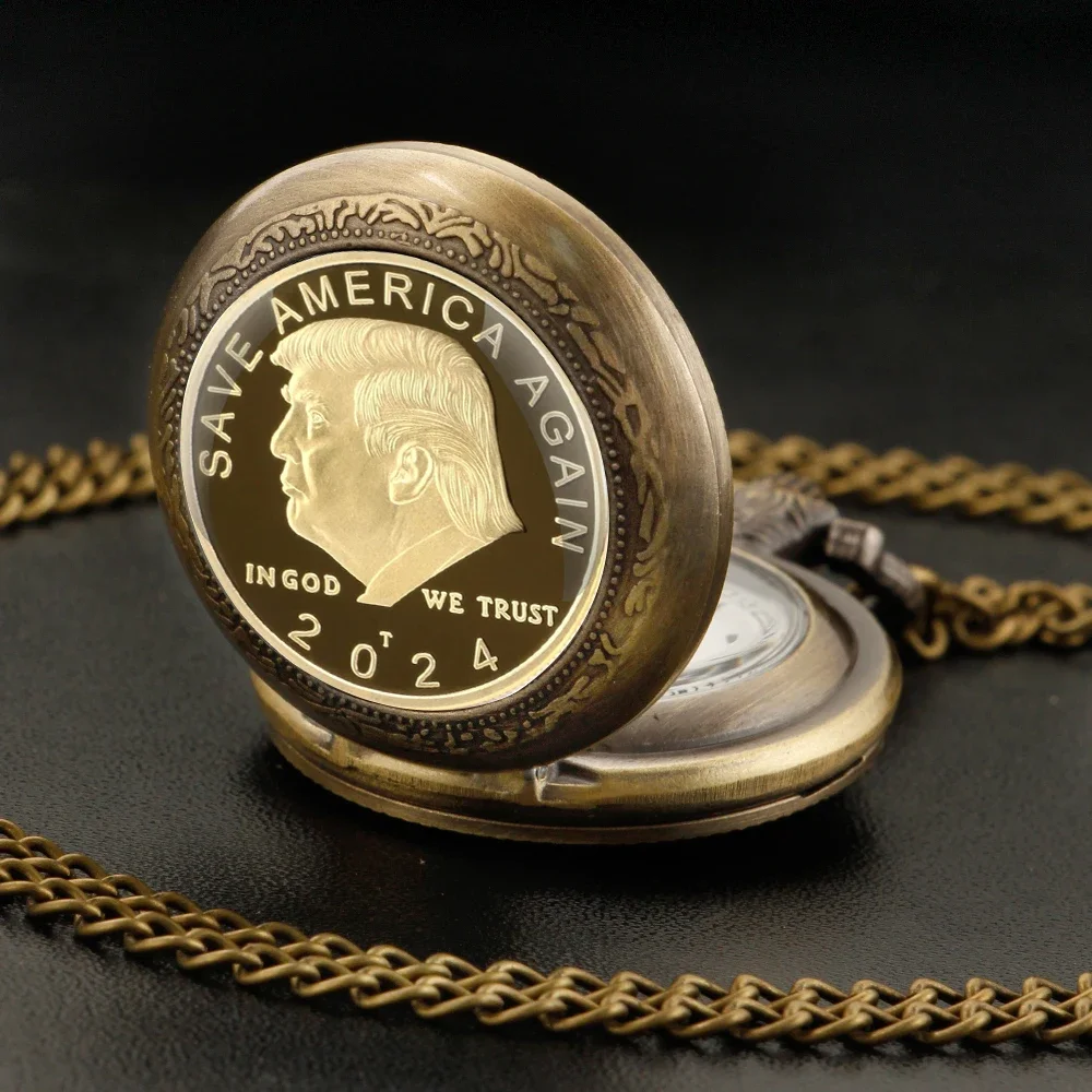 Vintage-Style Trump 2024 Election Memorial Pocket Watch - Quartz Movement, Round Dial, Unique Bronze Necklace Souvenir Gift