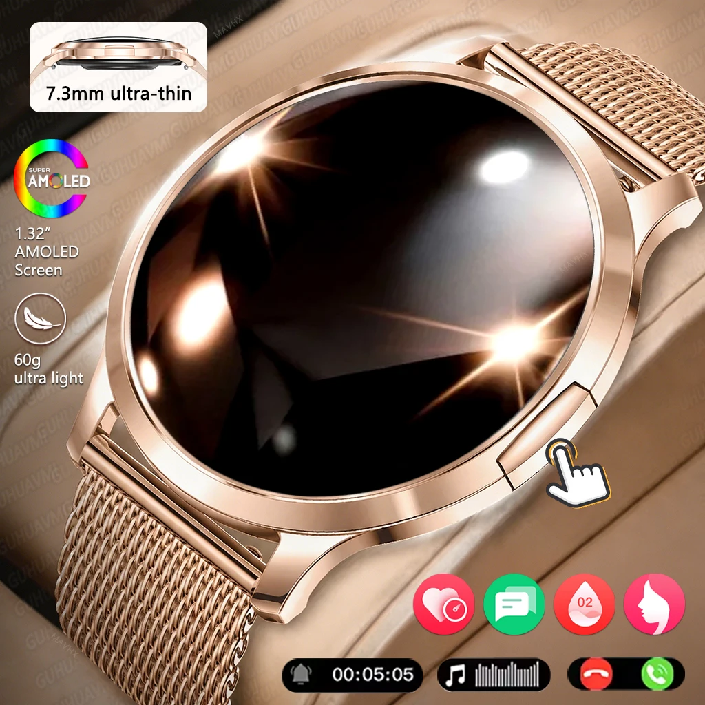 2026New 7.3mm Ultra Thin Fashtion Women SmartWatches 1.32”AMOLED Display Blood Pressure Bluetooth Call Bracelet Ladies Best Gift