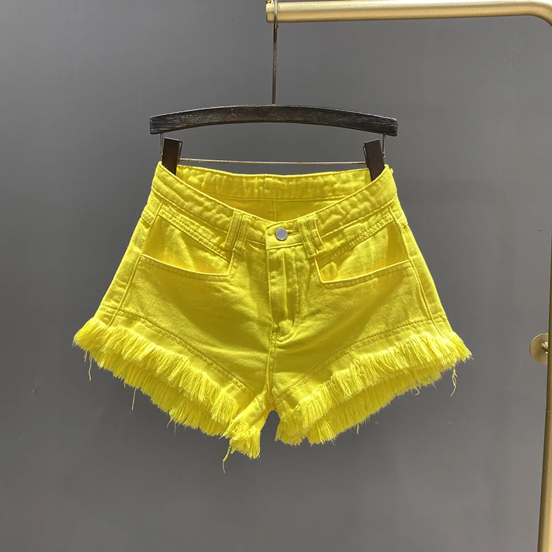 Fluorescent green Tassel casual shorts girls summer new fashion wide leg denim hot pants