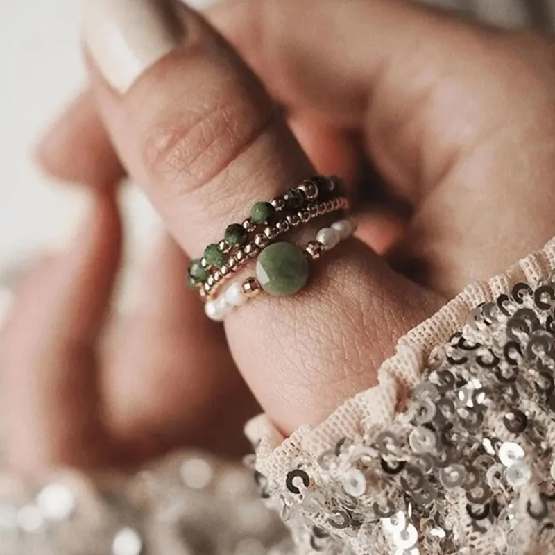 

3pcs Minimalist Boho Style Ring for Women Stacked Wear Imitation Pearl Natural Stone Stretch Bands Summer Beach Party Jewelry