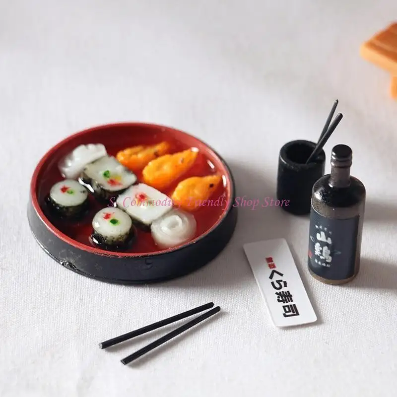 

85AE 1:12 Scale Toy Model Dollhouse Decoration Miniature Sushi Plate with Plate Shochu Chopsticks Children