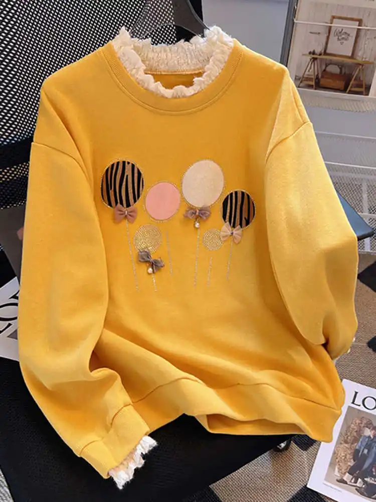 

Women's Yellow Patchwork Long Sleeve Sweatshirt Vintage Korean Harajuku Y2k Aesthetic O-Neck Pullover 2000s Clothes Autumn 2024