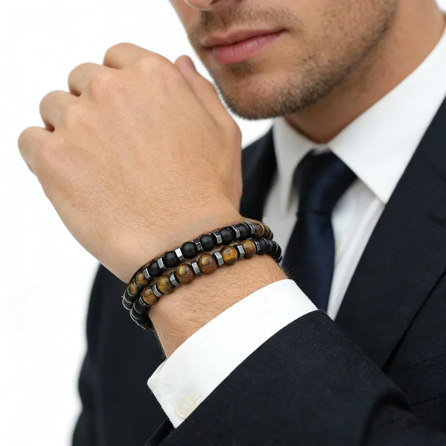Neue Mode 2-teiliges Set Herren-Armband 3 Farben Verfügbar 6mm Tigerauge Onyx Stein Meditations-Heilarmband Handgefertigtes Handgelenk-Schmuckstück