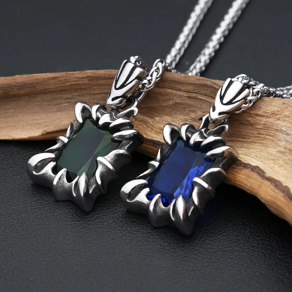 Vintage 316L Edelstahl Grün Stein Anhänger Halskette Für Männer Jungen Punk Dominierenden Mode Paar Schmuck Geschenk Dropshipping