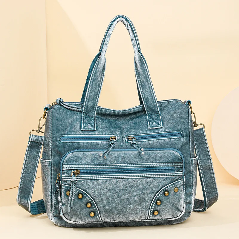 Women Vintage Washed Denim Tote Crossbody Bag Rivet Decor Multi Pocket Detachable Strap Large Capacity Casual Shoulder Handbag