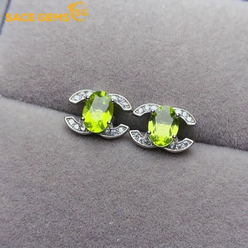 

SACE GEMS Fashion Jewelry Earrings for Women 925 Sterling Silver 5*7MM Natual Peridot Stud Earrings Wedding Party Fine Jewelry