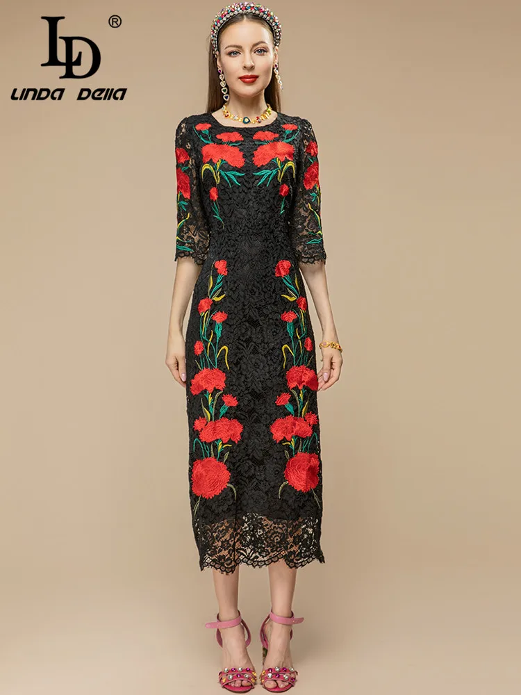 LD LINDA DELLA Runway Designer Summer Party Dress Women's Half sleeve Hollow out Flower Embroidery Black Vintage Party Dress