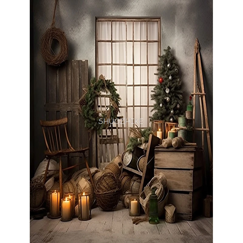 빈티지 크리스마스 날 사진 배경 소품 벽난로, 겨울 크리스마스 트리 장식, 꽃 화환 나무 문짝 배경 JL-01