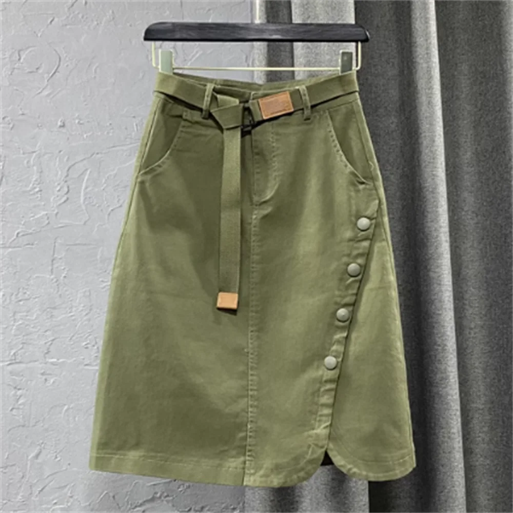 

Army green Long high-waisted denim skirt spring casual skirt A line belt skirt