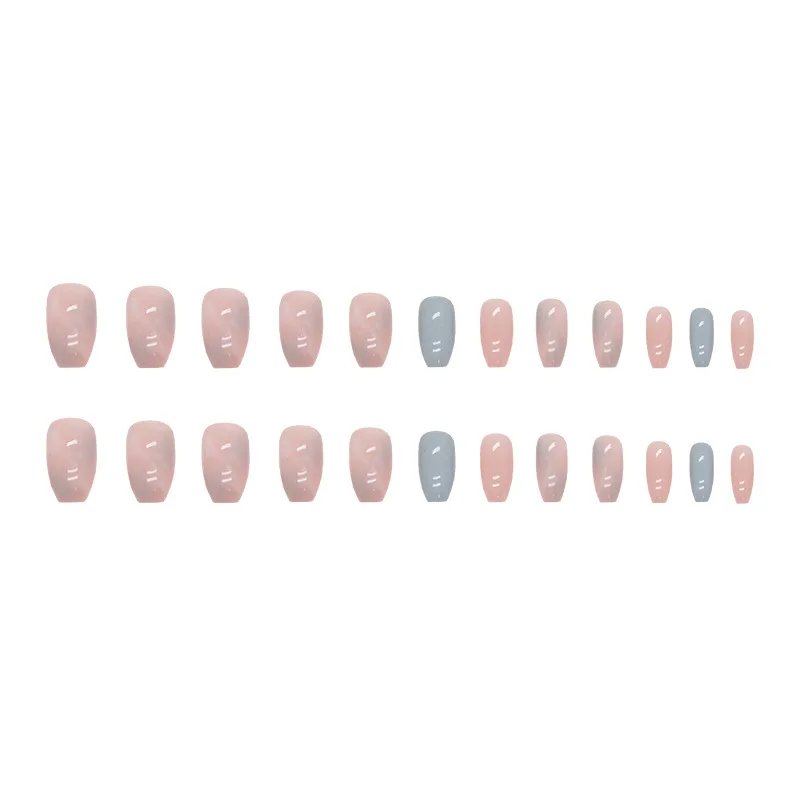 24pcs Short Ballet Pink Blue Marbled Summer Press on Nails Artificial False Nails Square Acrylic Medium Fake Nails Set Manicure