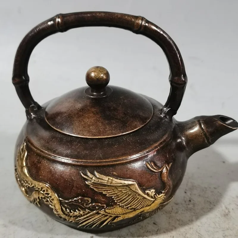 Antique Collection: Pure Copper Gilt Dragon and Phoenix Teapot with Handle, Made in Qianlong Era of the Qing Dynasty, Vintag
