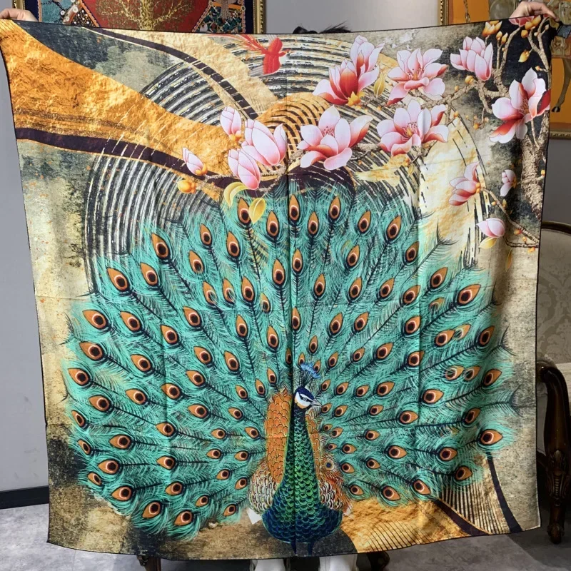 High-end Elegant Women's Exquisite Proud as a Peacock Double-sided Printed Quality Silk Wool Hand-rolled Edge Large Scarf Shawls