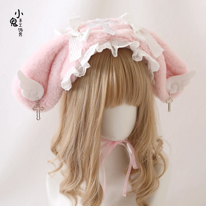 Diadema con orejas de Ángel Kawaii, lazo de encaje para la cabeza, envoltura para la cabeza, Lolita, fiesta de boda, Cosplay, tocado de sirvienta, accesorios para el cabello de Anime para mujeres y niñas