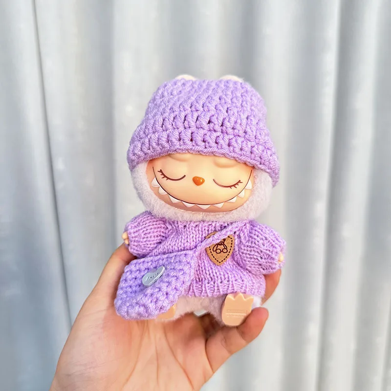 Boîte aveugle 17Cm Labubu vêtements noël hiver nouvel an pull tenue ensemble mignon poupée vêtements accessoires chapeau sac cadeaux pour enfants