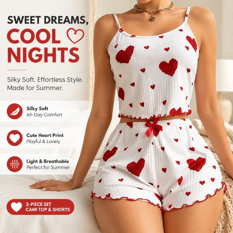 Women's 2-Piece Silk Pajama Set with Suspenders Heart Print Kawaii Y2K Loungewear Summer Sleeveless Shorts