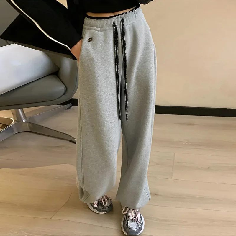 الخريف الشتاء الرباط بنطال ذو قصة أرجل واسعة للنساء جديد أفخم سميكة الدافئة فضفاضة عالية الخصر Sweatpants