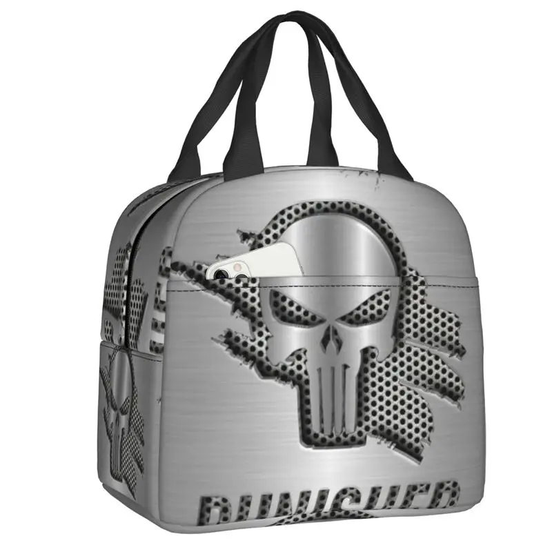 

Custom Punisher Trendy Superhero Insulated Lunch Bag for Camping Travel Skull Symbol Portable Thermal Cooler Lunch Box Women Kid