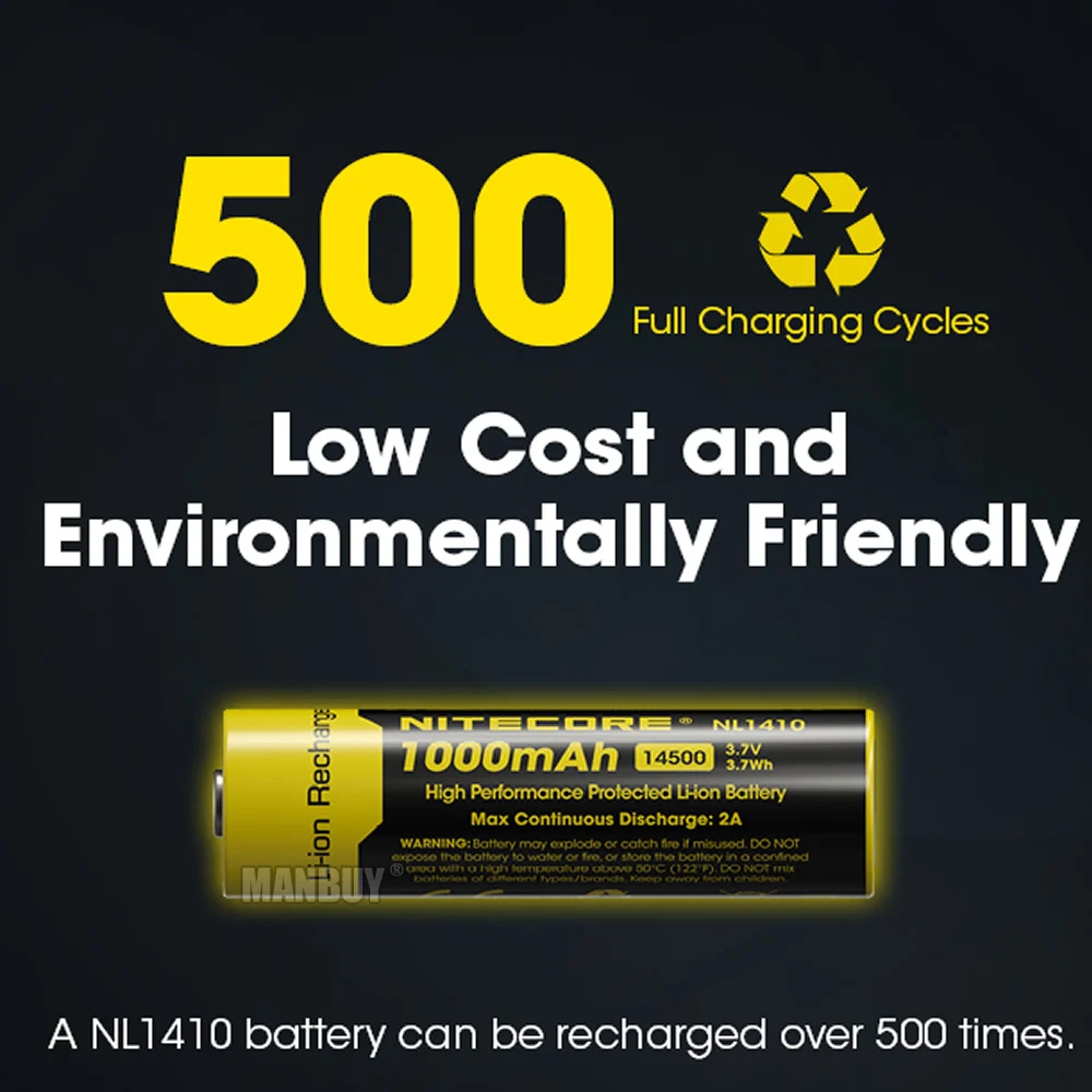 NITECORE NL1410 14500 Li-on Battery 1000mAh 3.7V 3.7Wh Protected Lithium Rechargeable Max 2A 500 Times Charge-discharge Cycles