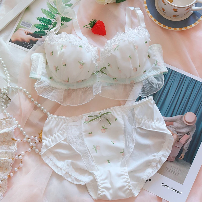 Sweetheart Perzik ~ Meisje Ondergoed Japanse Vrouwen Chiffon Dunne Cup Comfortabele Stalen Ring Beha Set Grote Size Lingerie Sets