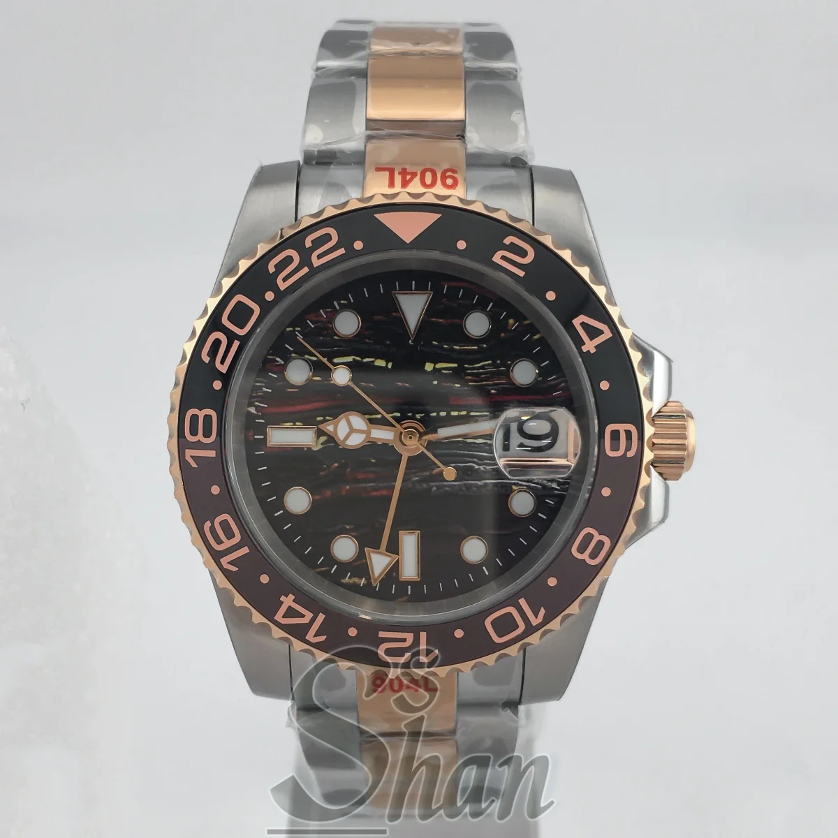 NH34 40mm dos tonos oro rosa GMT reloj automático NH34 de lujo para hombres cristal de zafiro abertura para fecha reloj luminoso con bisel de cerámica