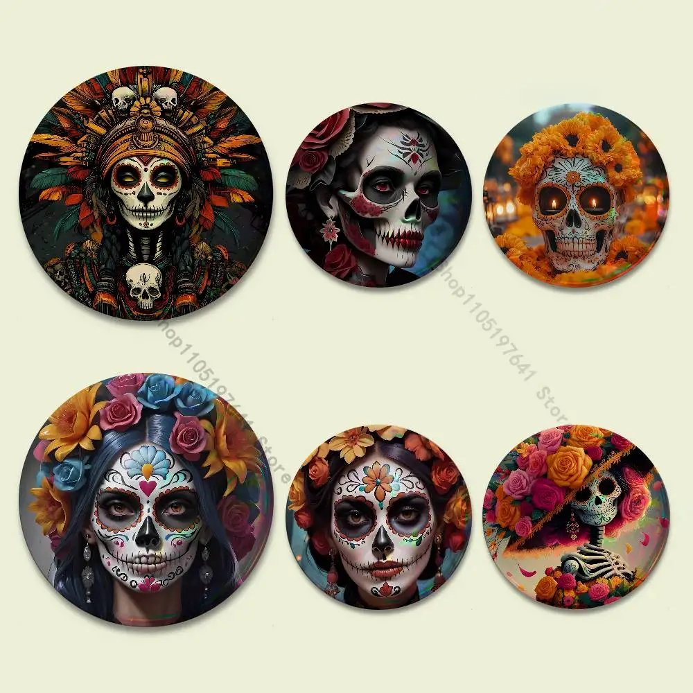 

Mexican Catrina Skull Day of the Dead Reflective Pin Tinplate Round Brooch Cartoon Cosplay Badges for Bag Hat Toys Gifts