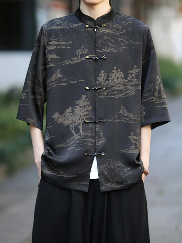 

New Chinese Sle Men's Summer Thin Ice Silk ort Sve Loose Fit Button down irt Hanfu Tang Costume Large Size Casual irt