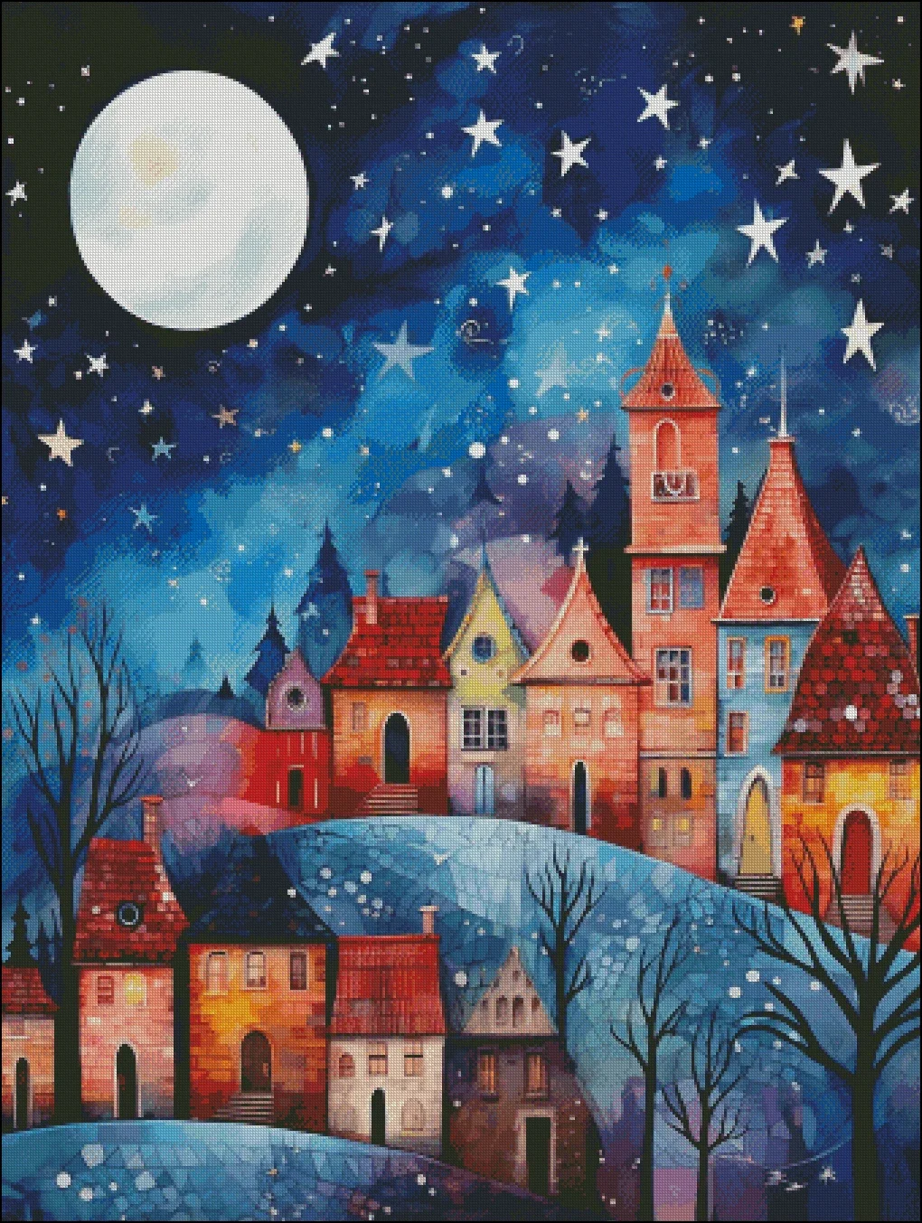 [ZZ4027-A Small Town in the Moonlight] Stamped Cross Stitch Kit 14CT 16CT Printed Canvas Cotton Thread DIY Embroidery Wall Decor