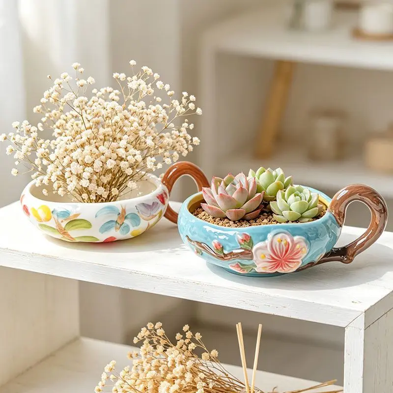 Elegant Light Luxury Single Handle Ceramic Bowl with Peach Blossom Dragonfly for Salad Fruit Breakfast Dessert Home Decor