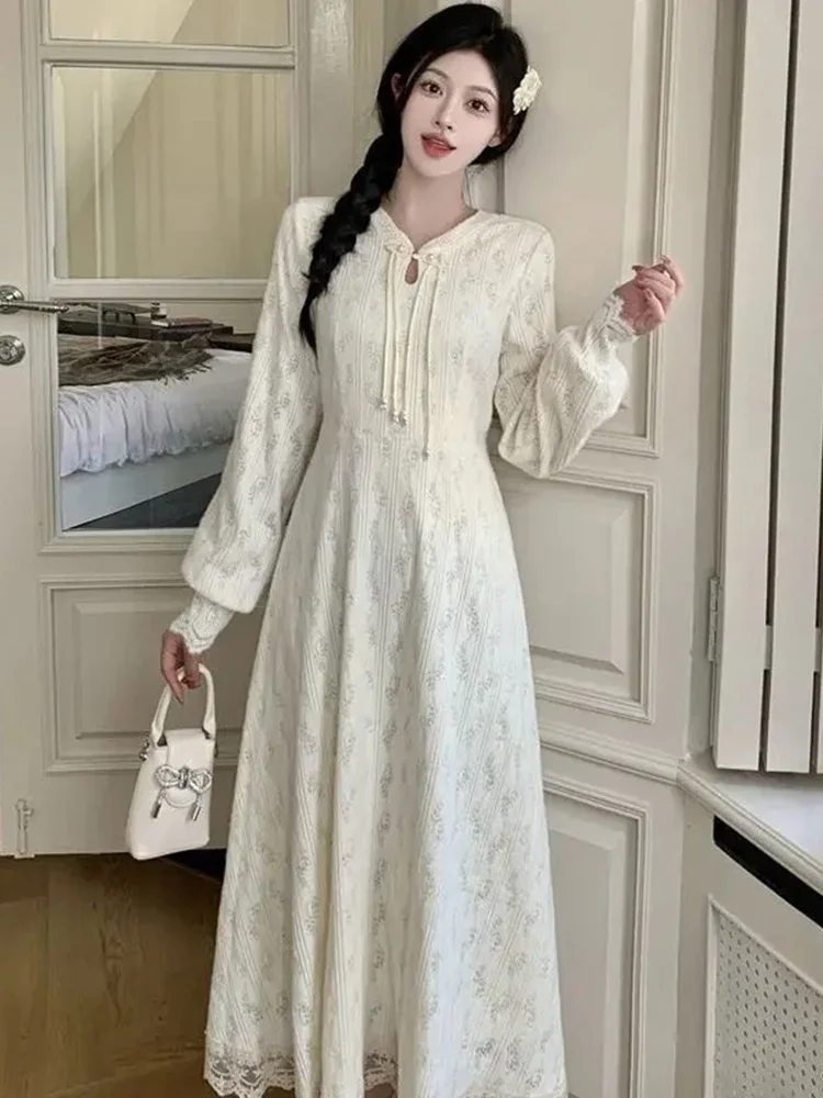 중국 스타일 롱 드레스 가을 겨울 솔리드 화이트 우아한 여성 드레스 패션 빈티지 스위트 베스티도스 무헤르